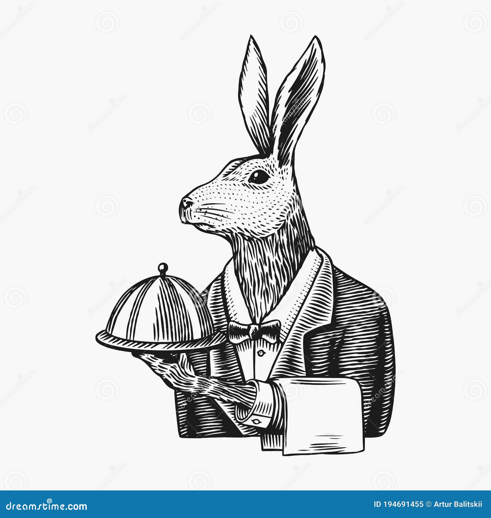 hare waiter with a dish. rabbit flunky or garcon. fashion animal character. hand drawn sketch.  engraved