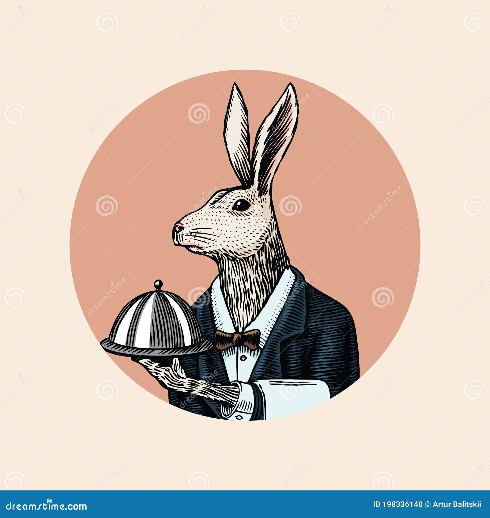 hare waiter with a dish. rabbit flunky or garcon. fashion animal character. hand drawn sketch.  engraved