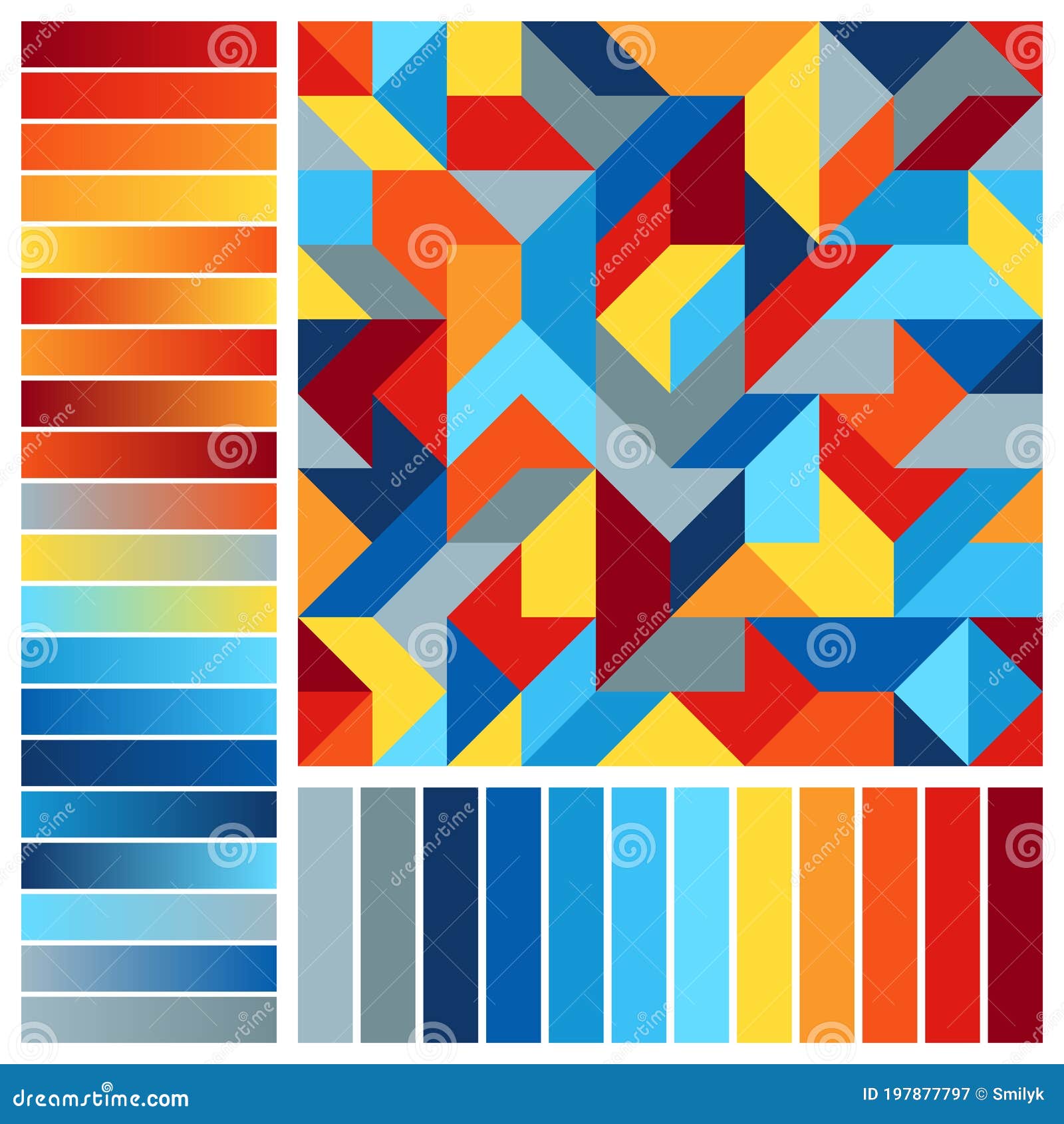 Harmonious Palette with Geometric Composition. Seamless Pattern and Blue, Orange, Red, Yellow, Grey Color Swatches Stock Vector - Illustration of azure: 197877797