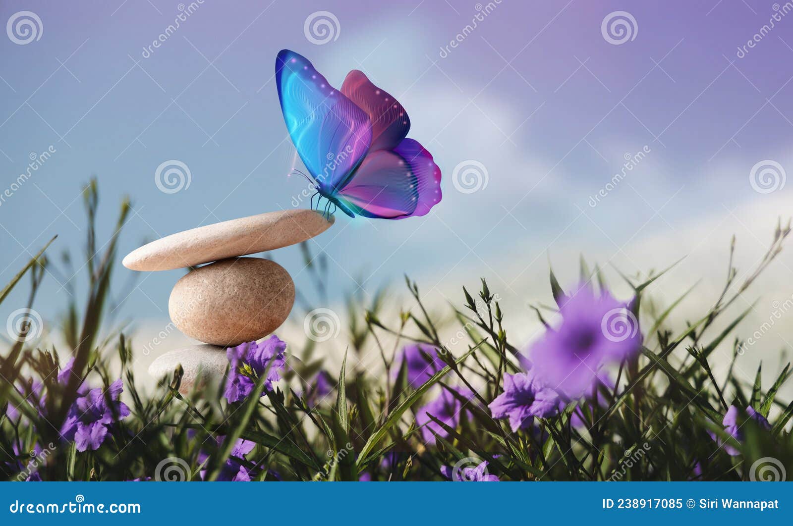 harmony of life concept. surrealist butterfly on the pebble stone stack in garden. metaphor of balancing nature and technology.