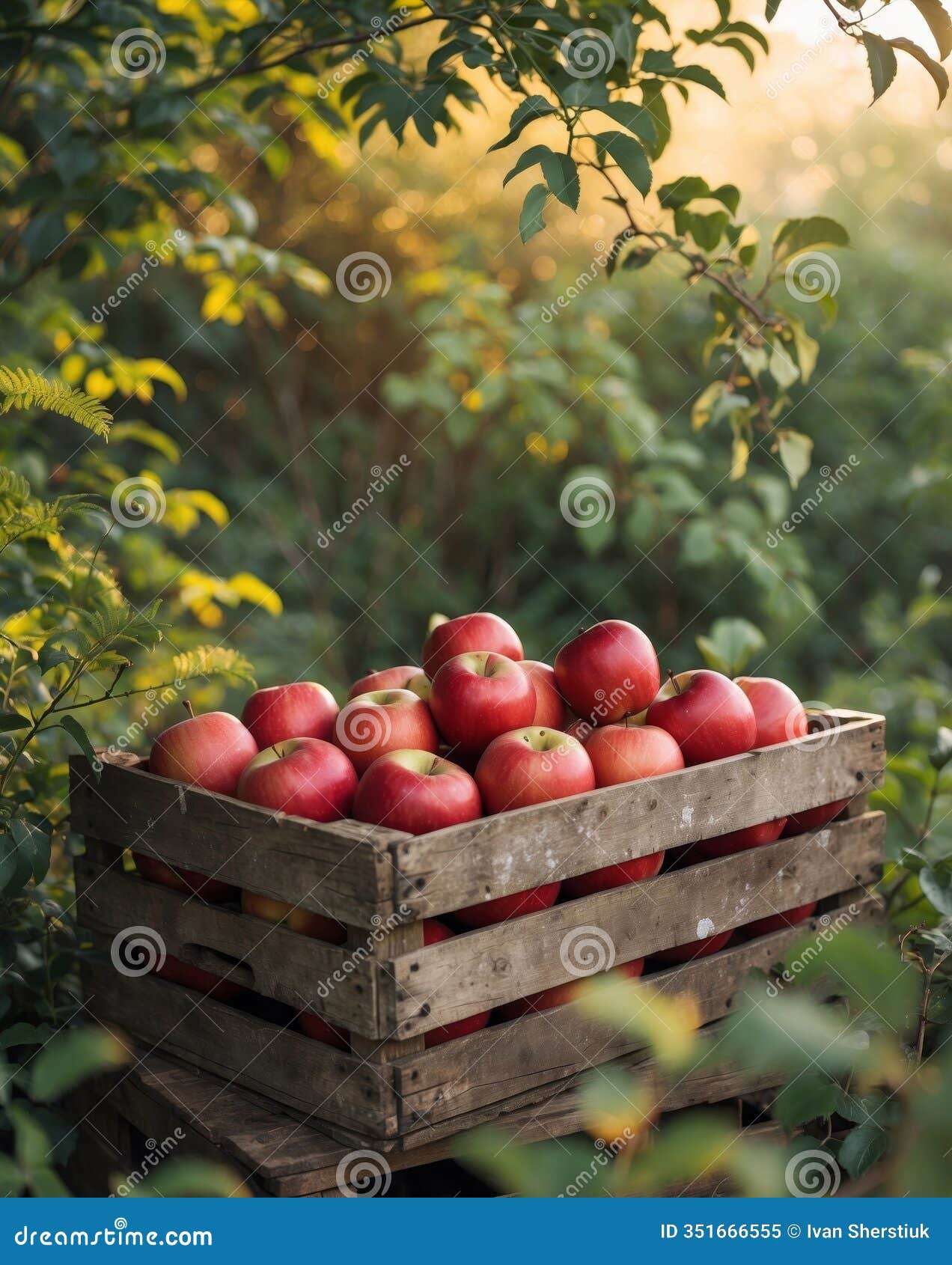 harvesting fresh red apples in a rustic wooden crate nature setting vibrant greenery