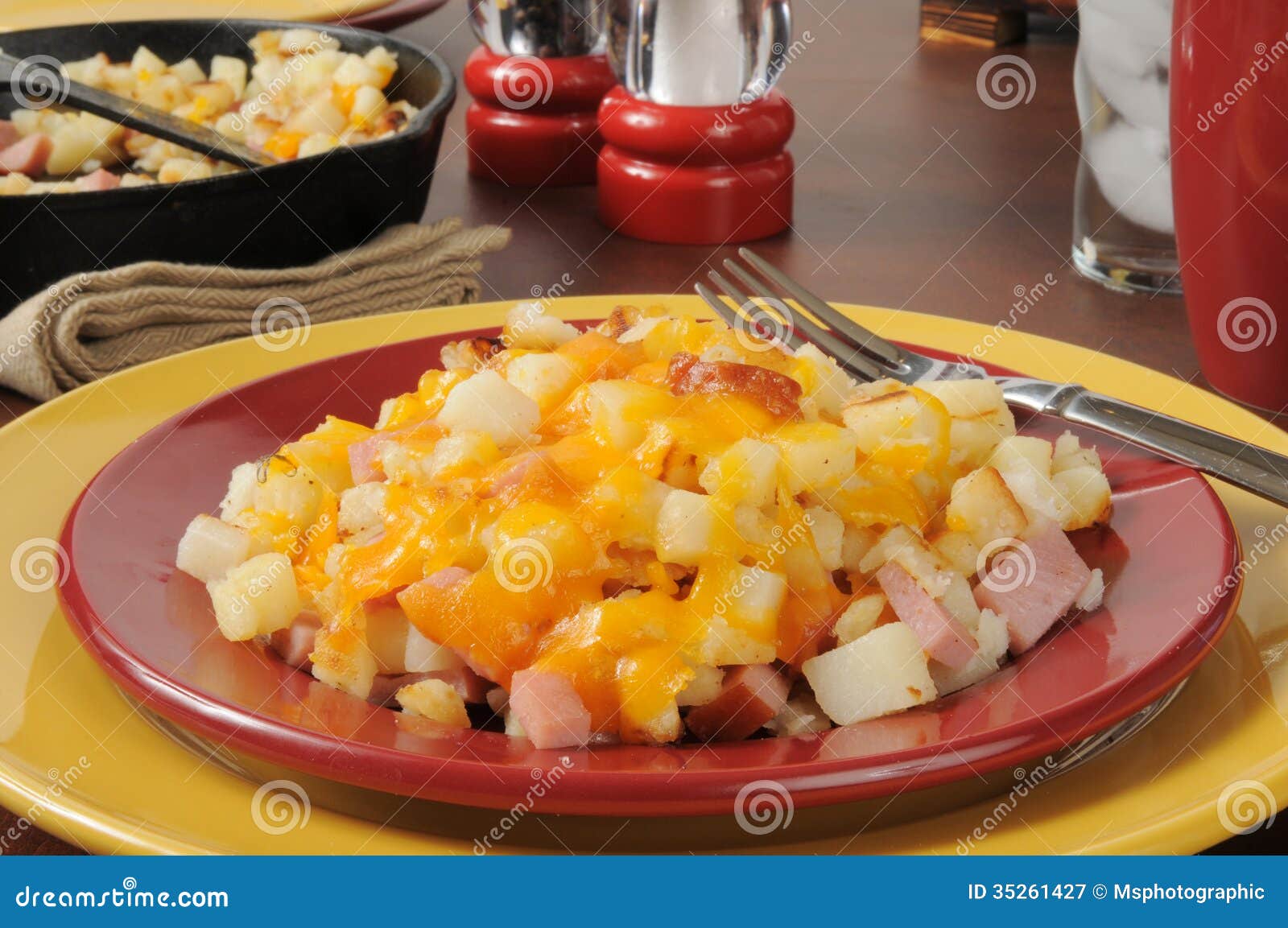 Hash Browns with Cheese and Ham Stock Image Image of frying, plates