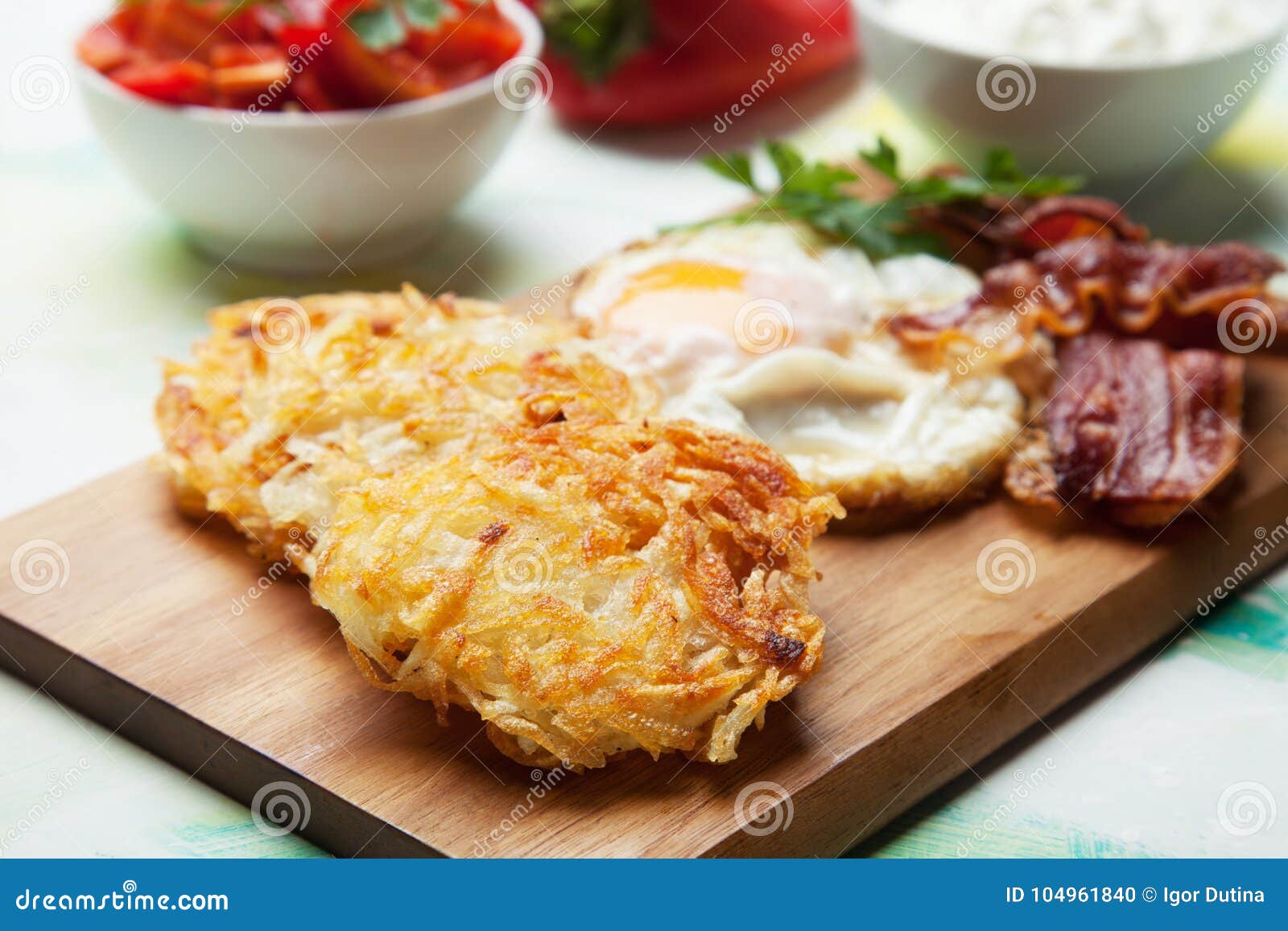 Hash Browns with Egg and Bacon Stock Photo Image of pancake, brown