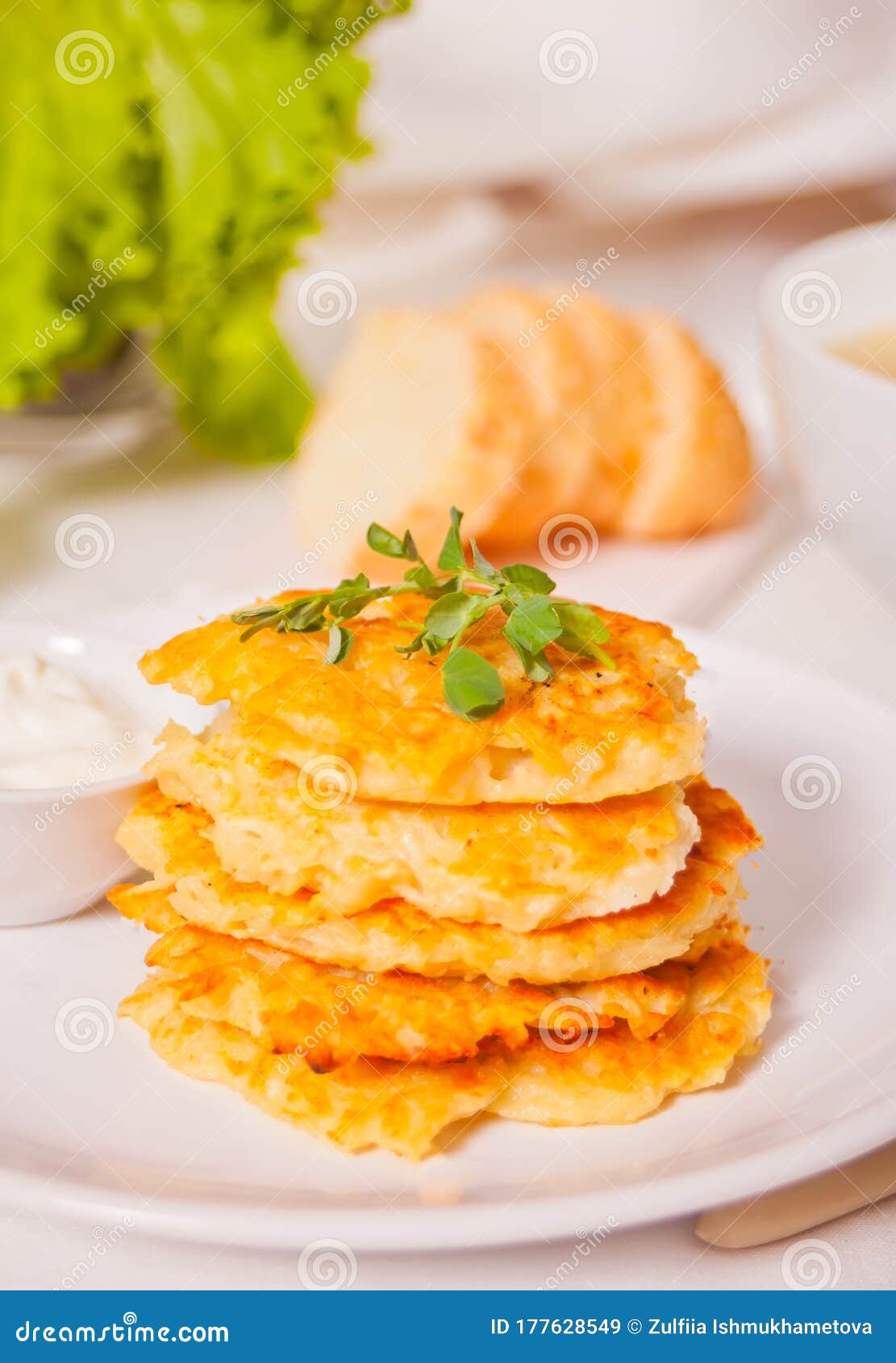 Hash Browns Potato Pancakes Draniki on the White Plate. Breakfast Stock