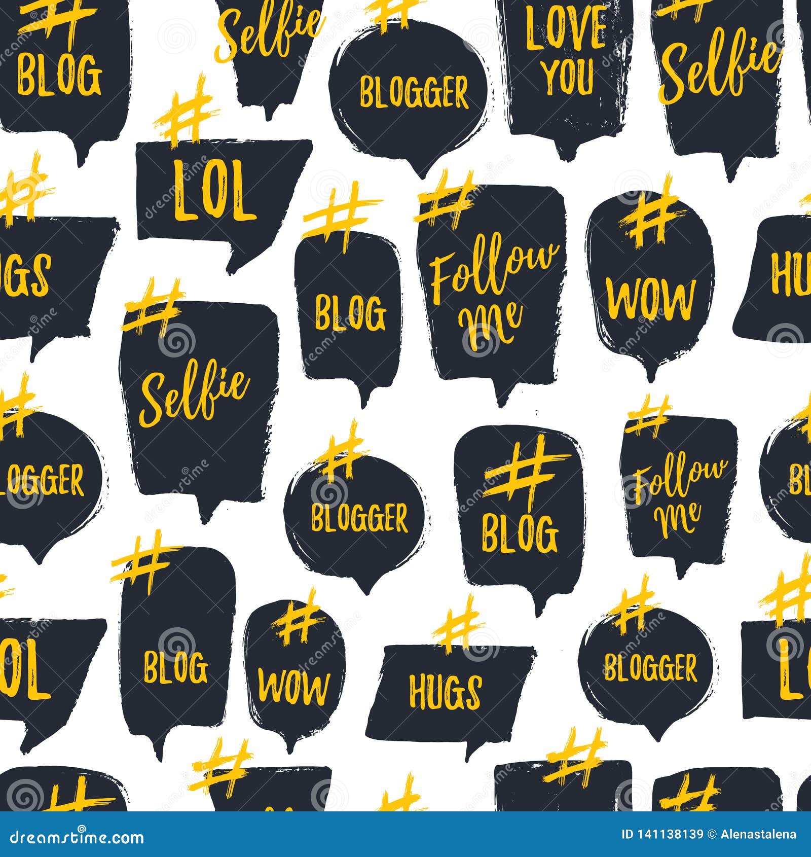 Hashtag Bubble Seamless Pattern with Trendy Young Slang Words. Blogging Vector Illustration