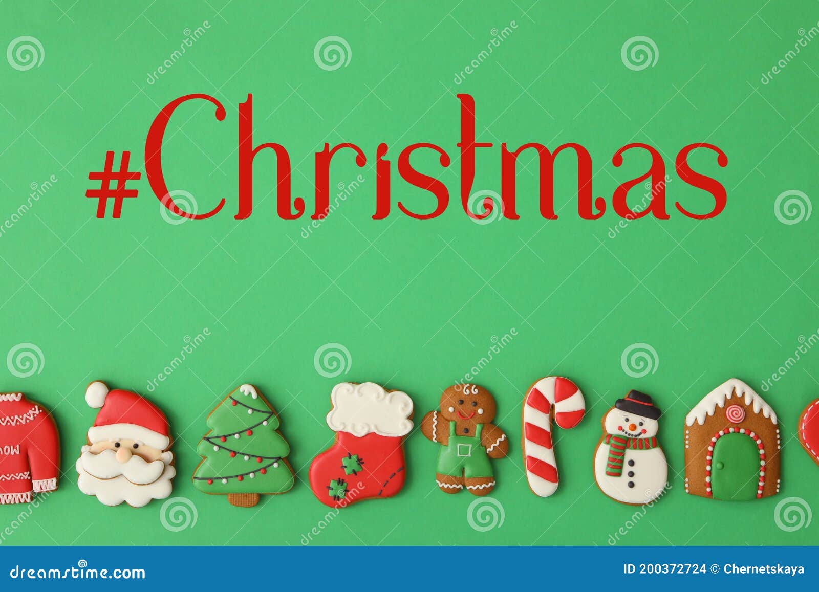 Hashtag Christmas and Different Gingerbread Cookies on Green Background