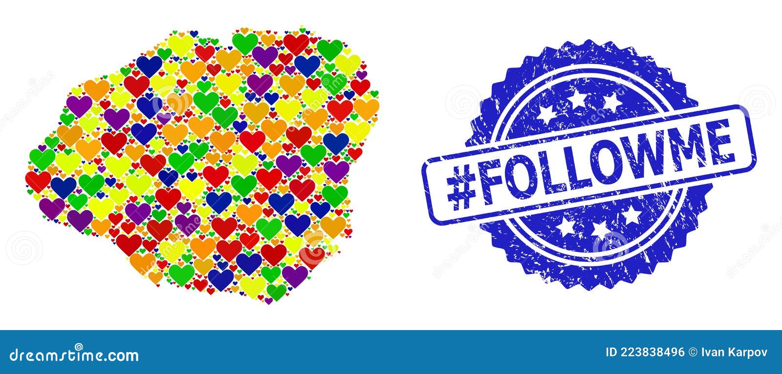 hashtag followme scratched badge and vibrant heart mosaic map of kauai island for lgbt