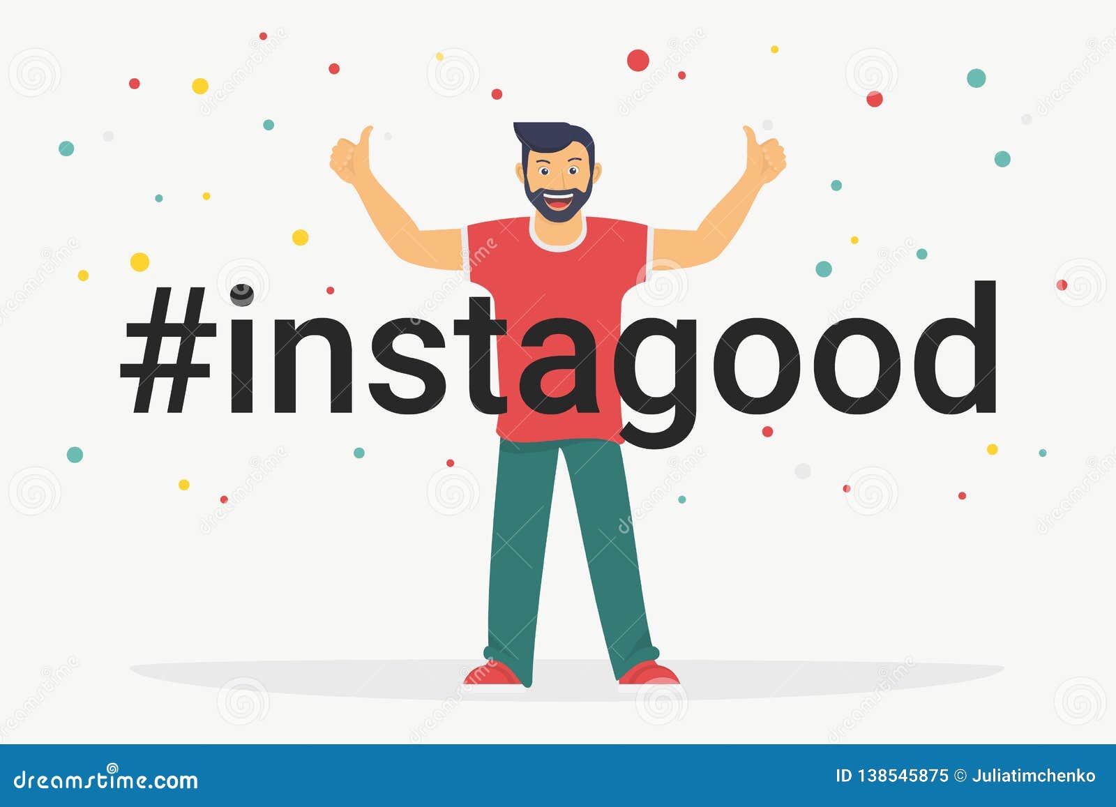 hashtag instagood concept flat   of happy guy smiling and making thumbs up with both hands