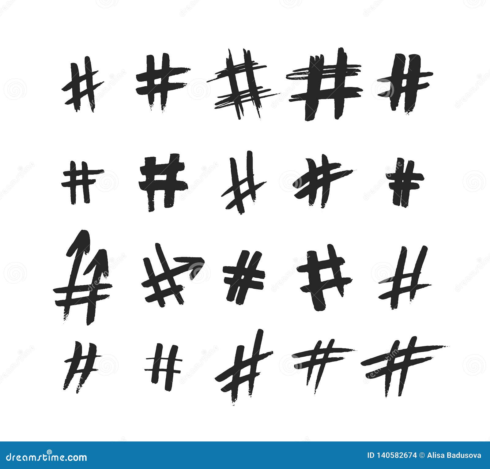 Hashtag Signs. Number Sign, Hash, or Pound Sign. Hand Painted Symbols