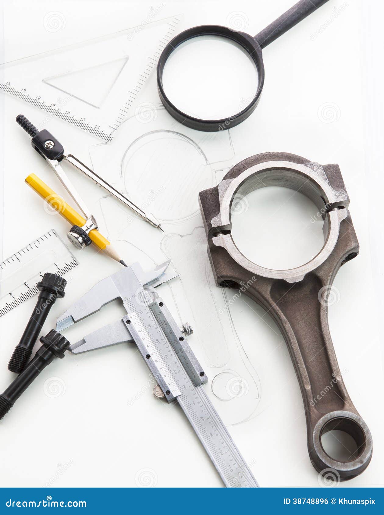 haste de pistão e desenho de engenharia velhos foto de stock