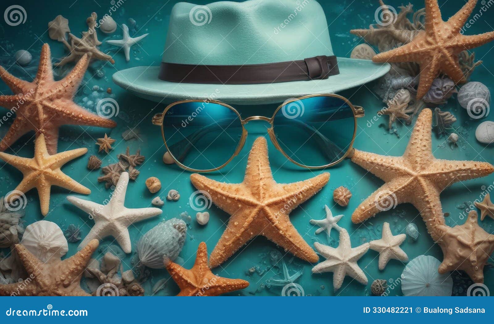 hat, glasses and starfishs on blue background