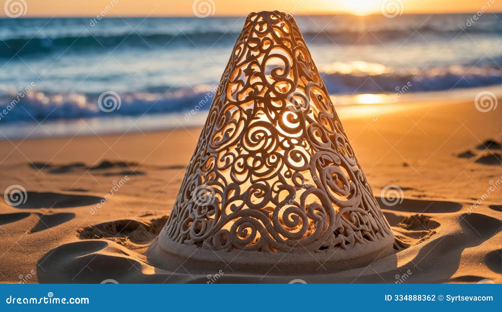 a hat-d sand sculpture with ornate s, placed on a beach at sunset. the intricate patterns and the golden