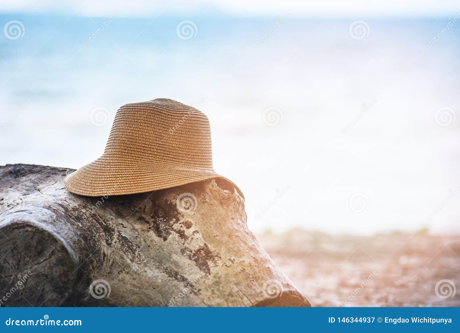 hat summer straw hat fasion on log at beach sea background