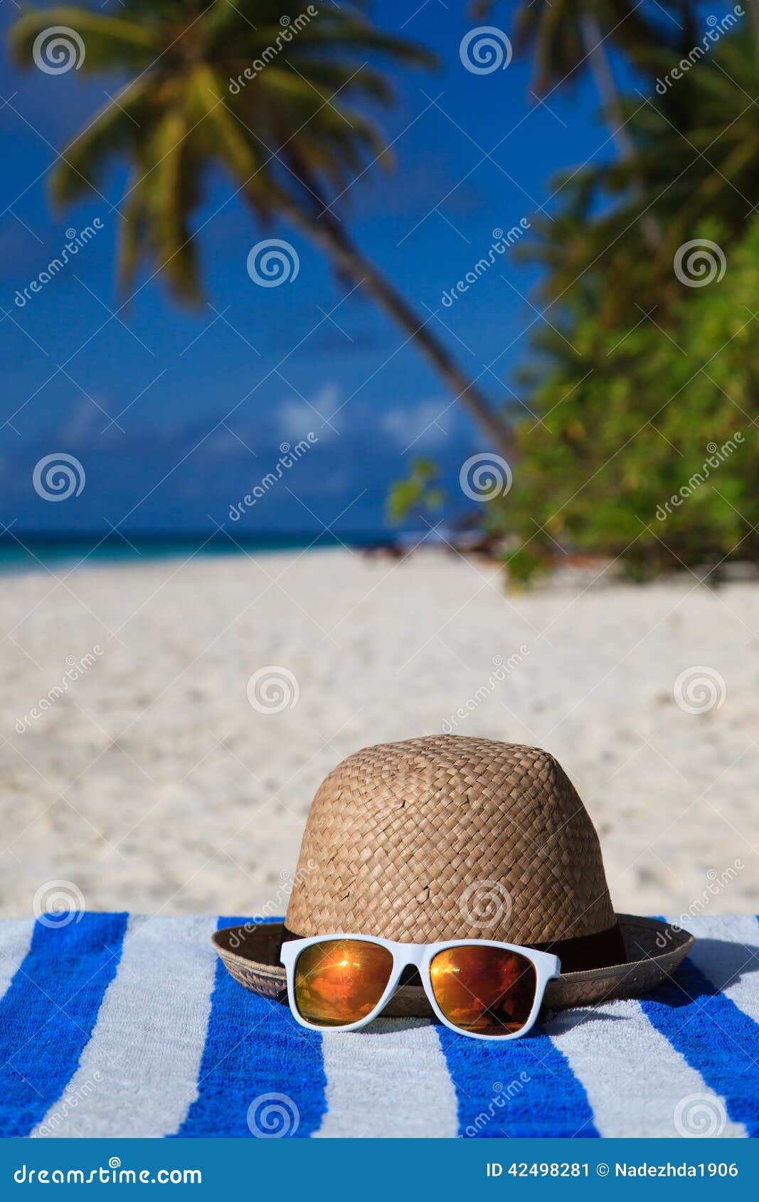 Hat and Sunglasses on Tropical Vacation Stock Image Image of