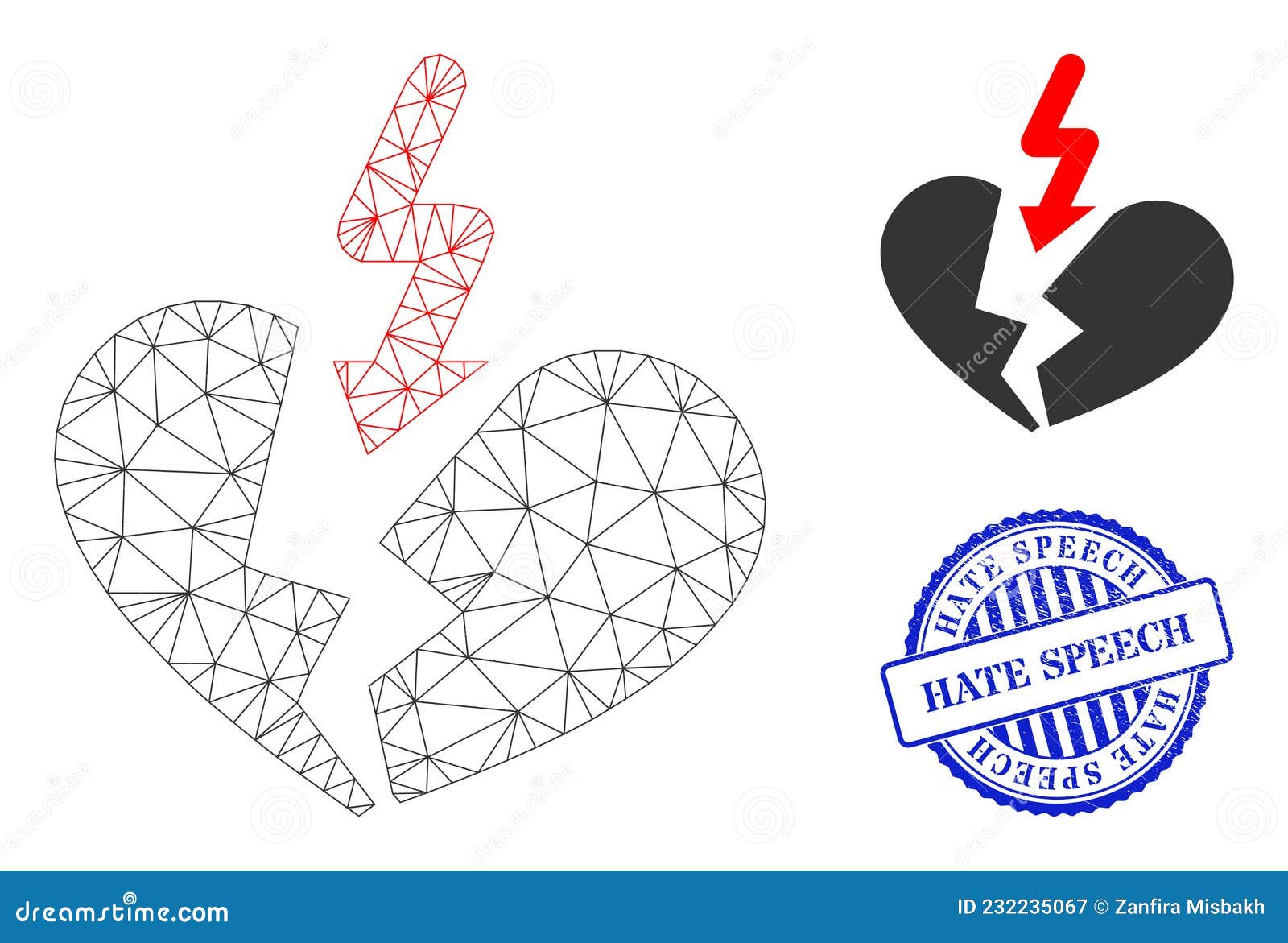 Hate Speech Grunge Stamp and Web Mesh Breakup Heart Vector Icon Stock