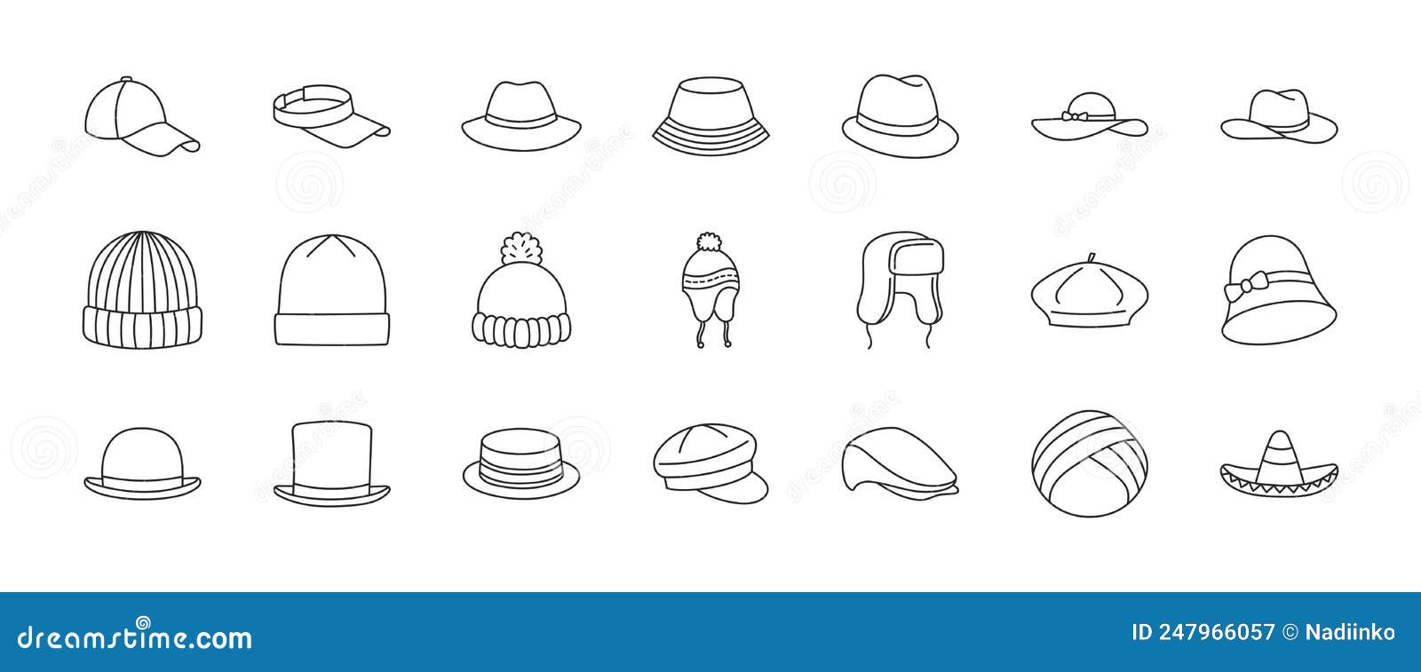 hats doodle  including icons - vintage fedora, beanie, gentleman bowler, baseball cap, sun vizor, beret