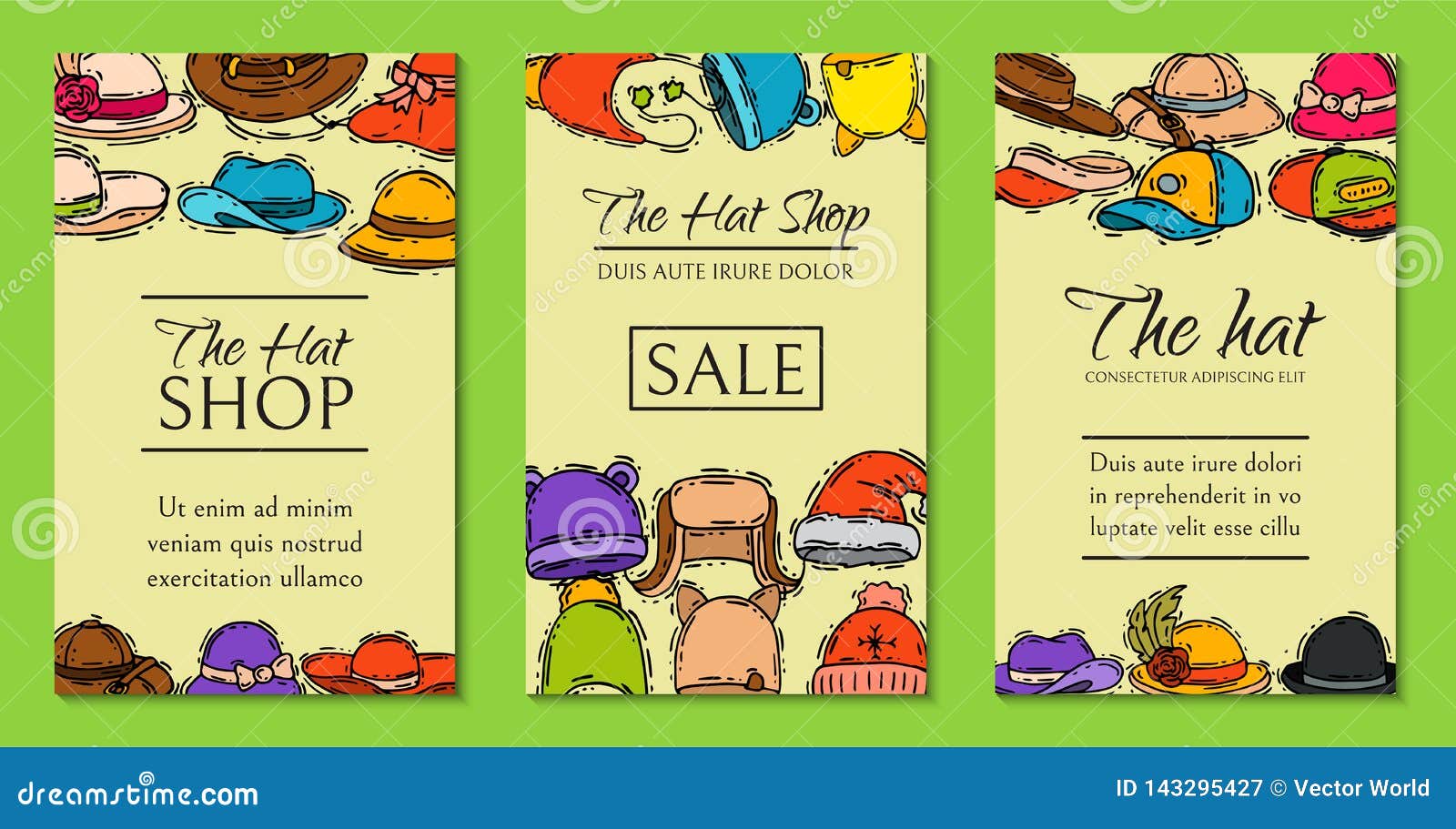 Hats Shop Market Store Sale Cards Vector Illustration. Different ...