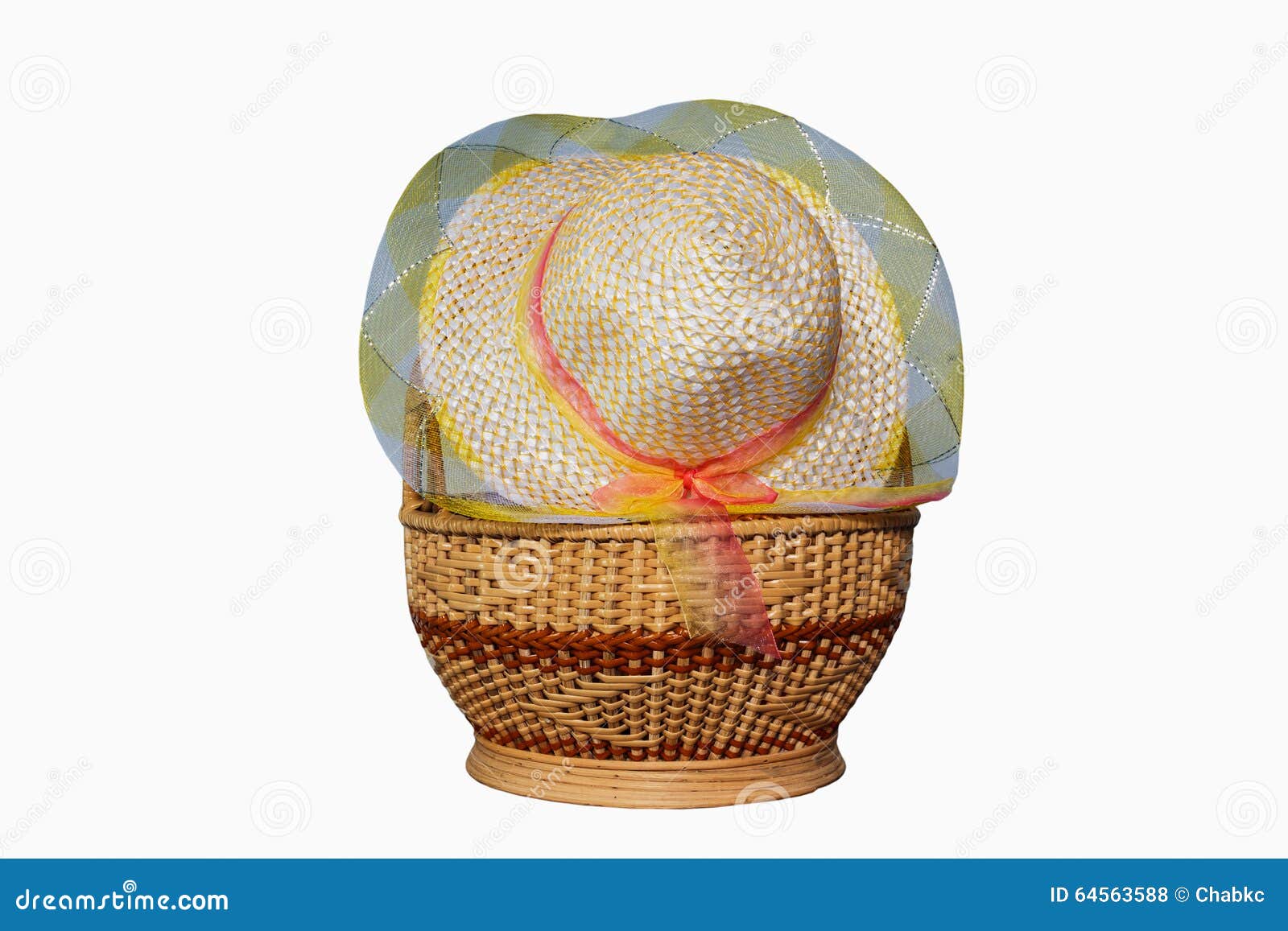Hats woven in the basket stock photo. Image of straw 64563588