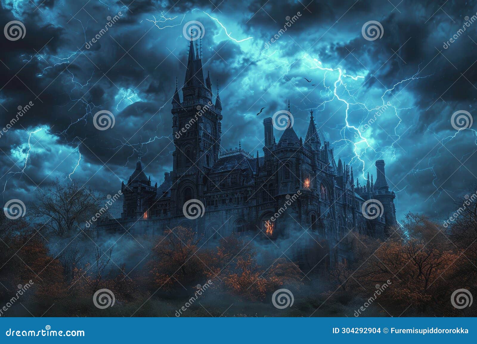 a haunted castle with ominous clouds and lightning in the background creepy view of dark mystery castle gothic castle at night