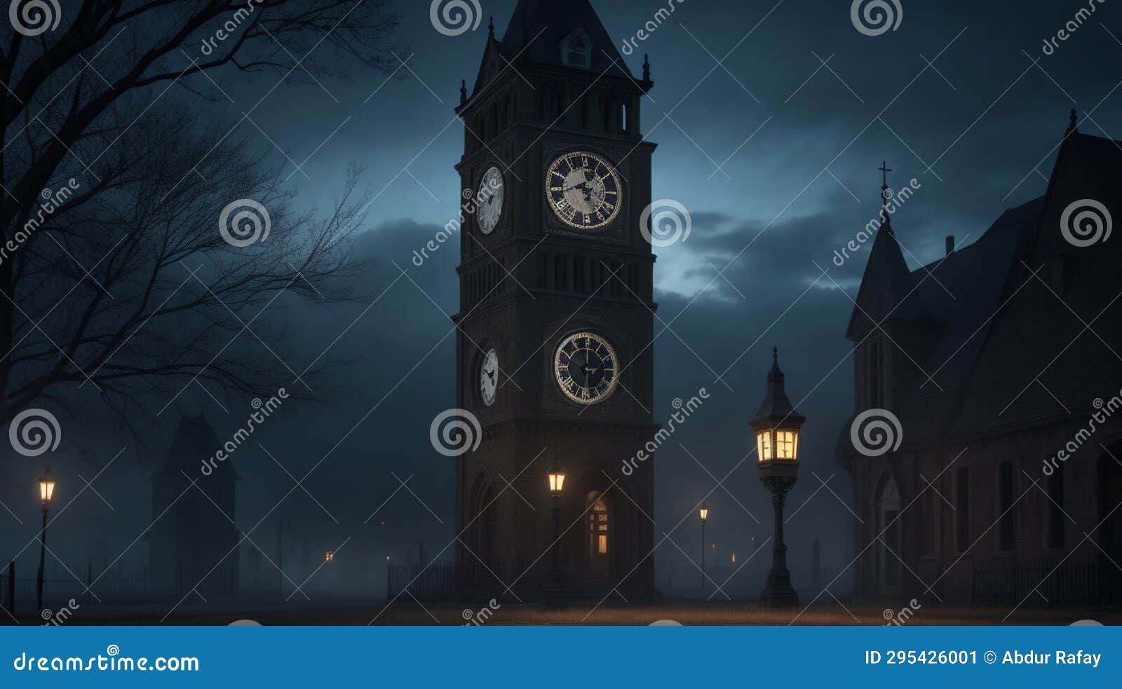 A Haunted Clock Tower Striking Midnight in a Ghost Town Stock