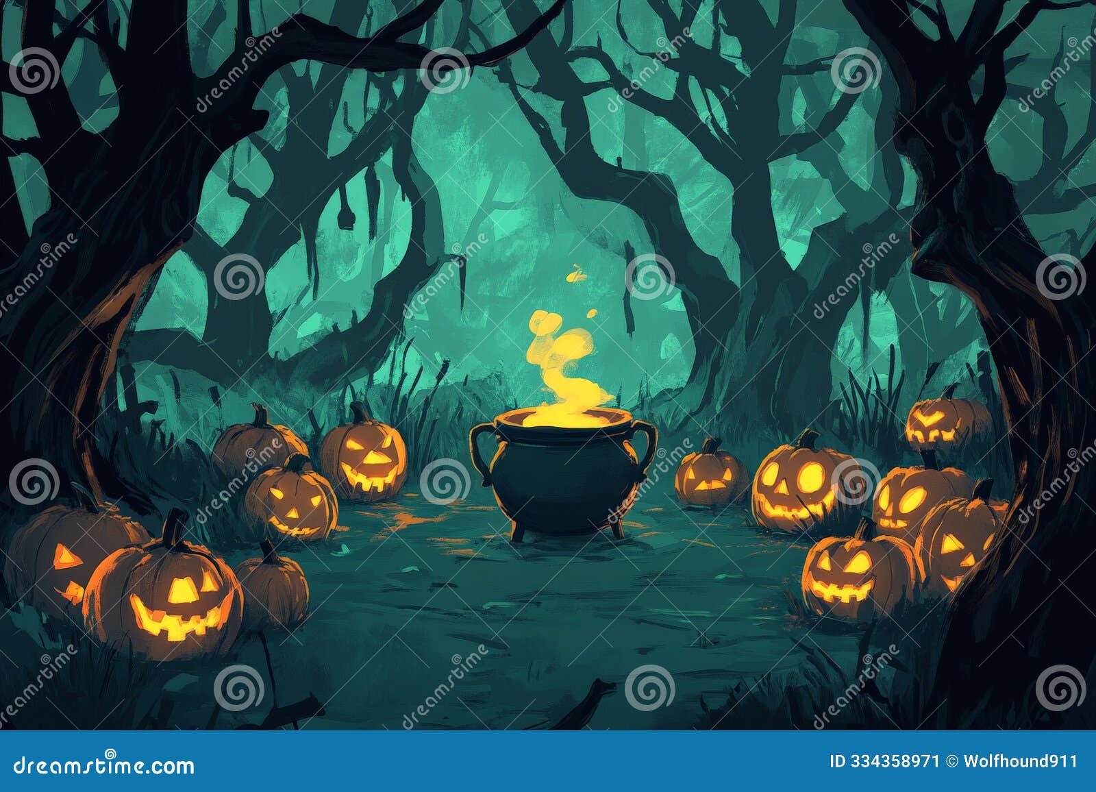 a haunted forest clearing with a bubbling cauldron, twisted trees, and jack-o'-lanterns
