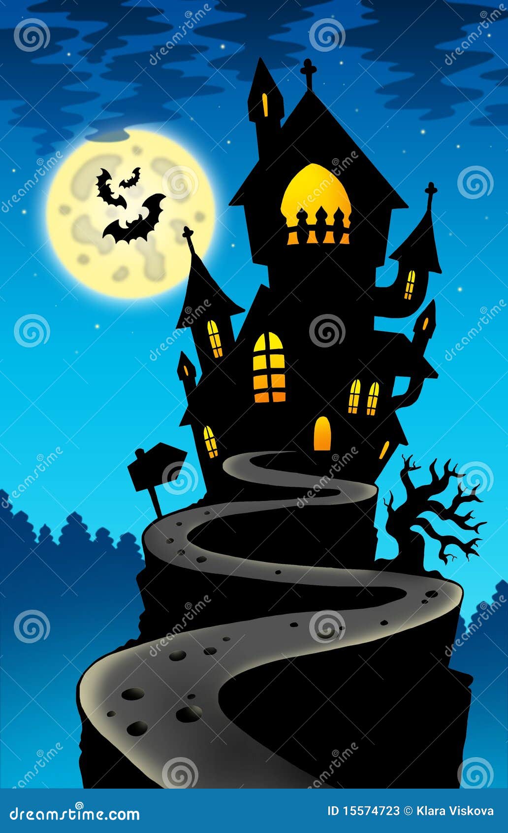 Haunted House on Hill with Moon Stock Illustration - Illustration of ...