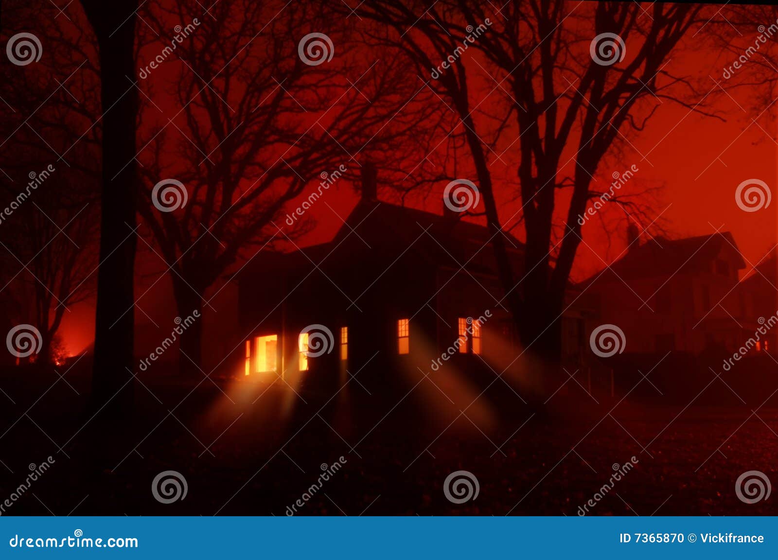 haunted house in red fog