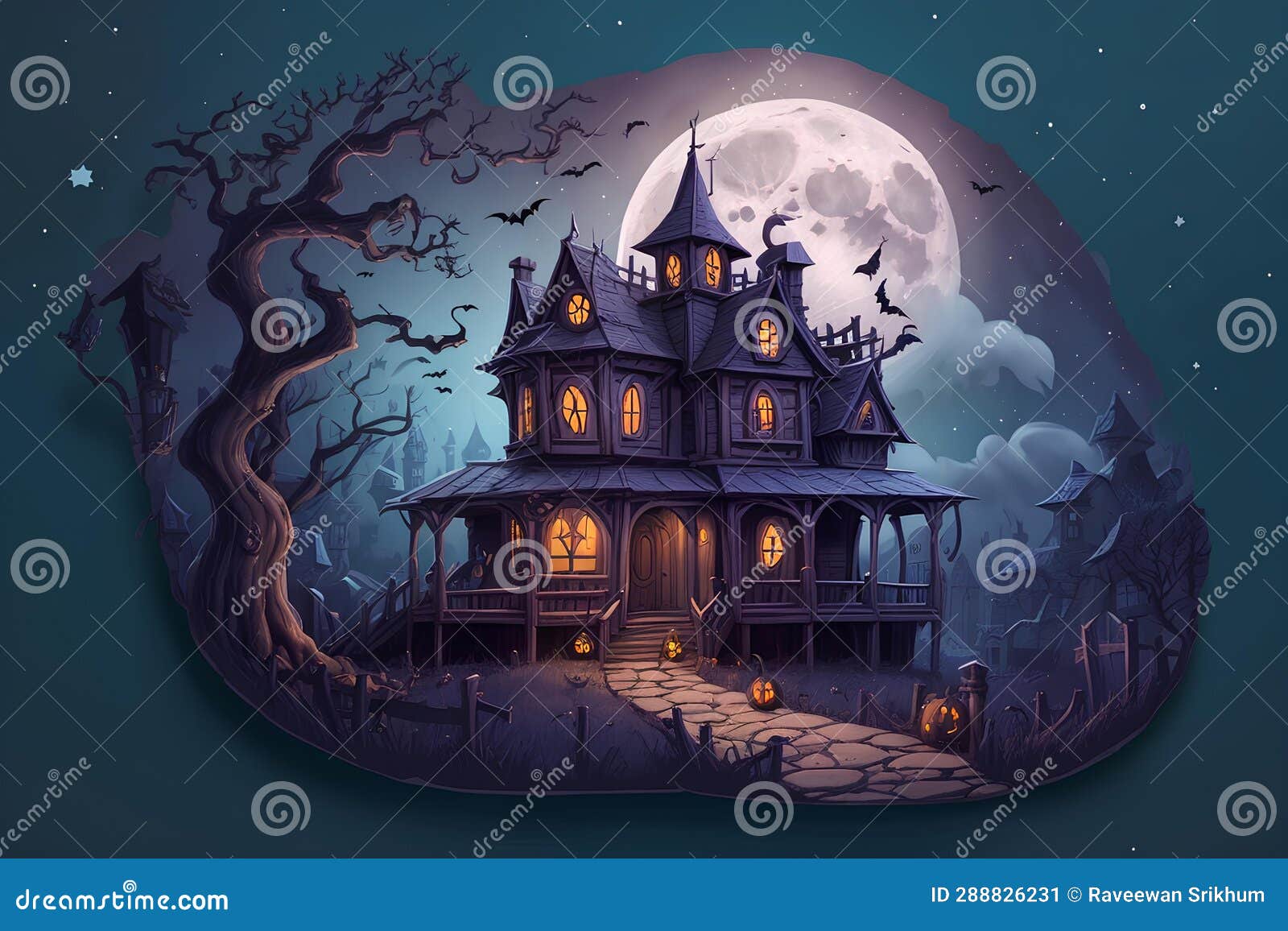 a haunted houses with full moon in halloween, clay, fantasy