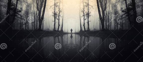 Haunted Lake in Forest with Man Silhouette Stock Image - Image of haze ...