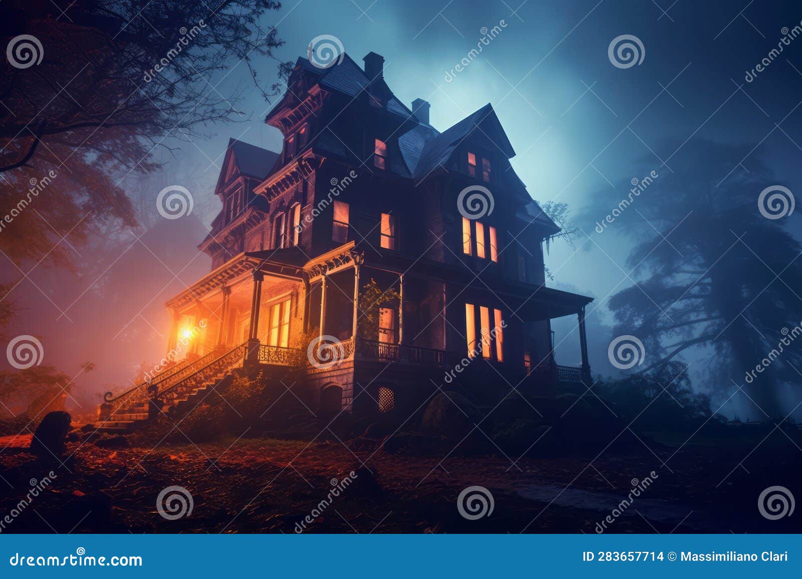 a haunted mansion engulfed in thick fog, with lightning illuminating the sky, setting the stage for a spine-chilling halloween