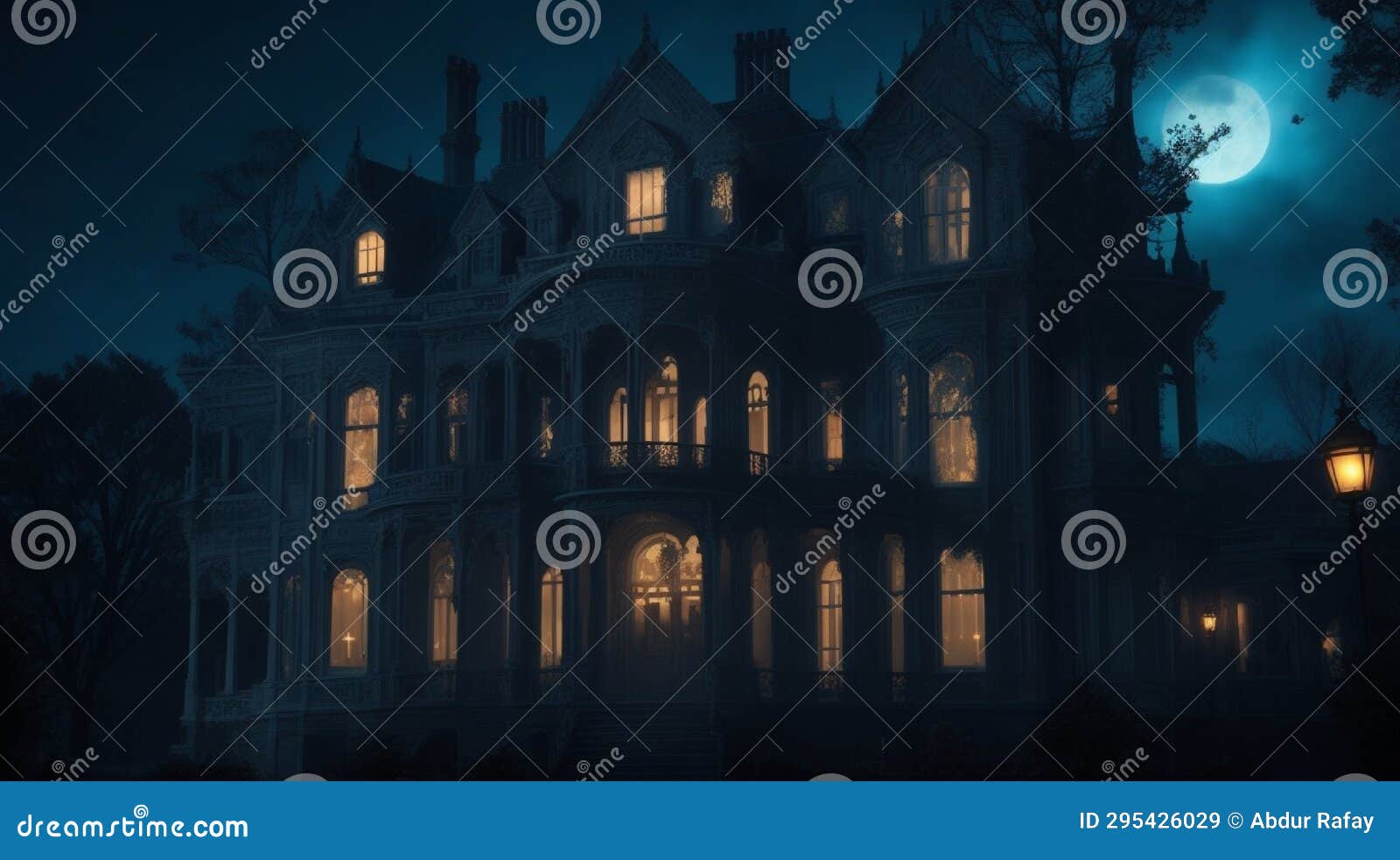 A Haunted Mansion with Flickering Lights in Every Window Stock