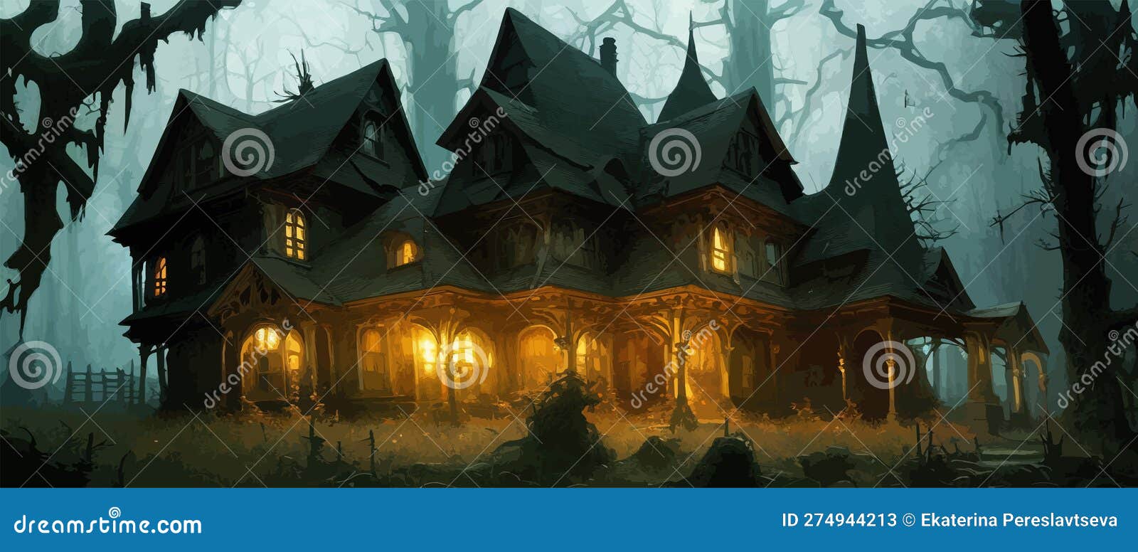 Haunted Mansion with Spooky Backdrop, Haunted House with Lights in
