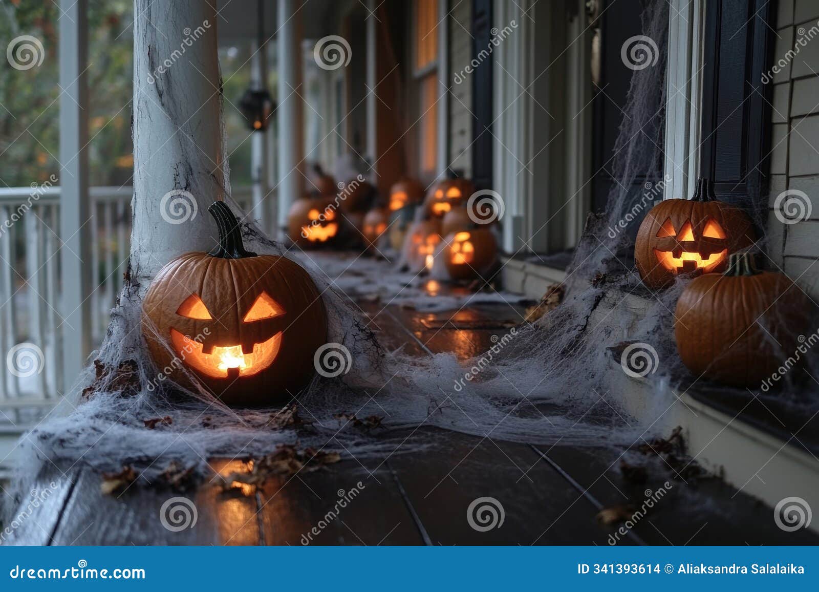 haunted porch decor, petrifying halloween display on porch flickering jack-o-lanterns and eerie cobwebs swaying in