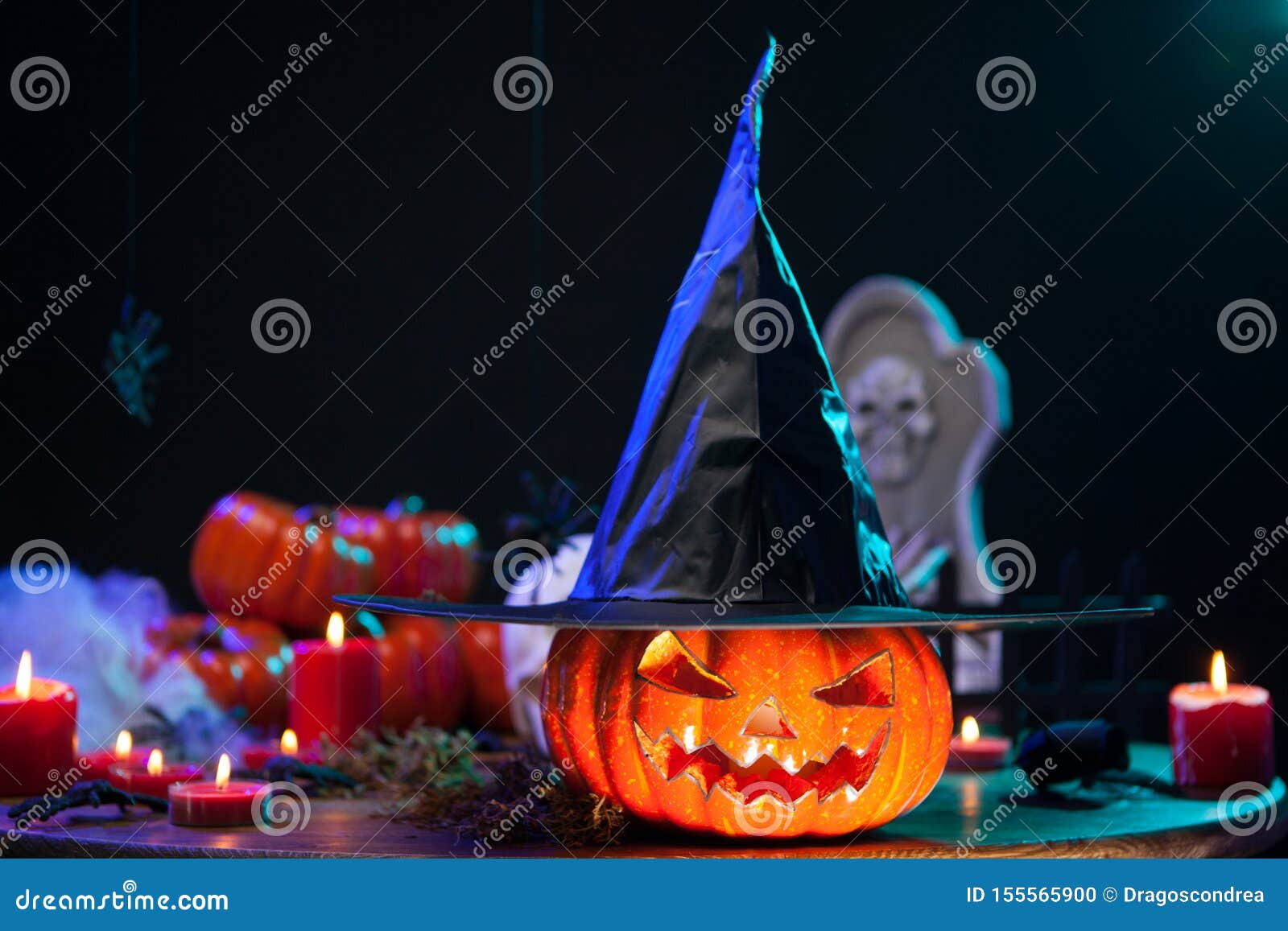 Haunted Witch Pumpking with a Big Black Hat at Halloween Celebration ...