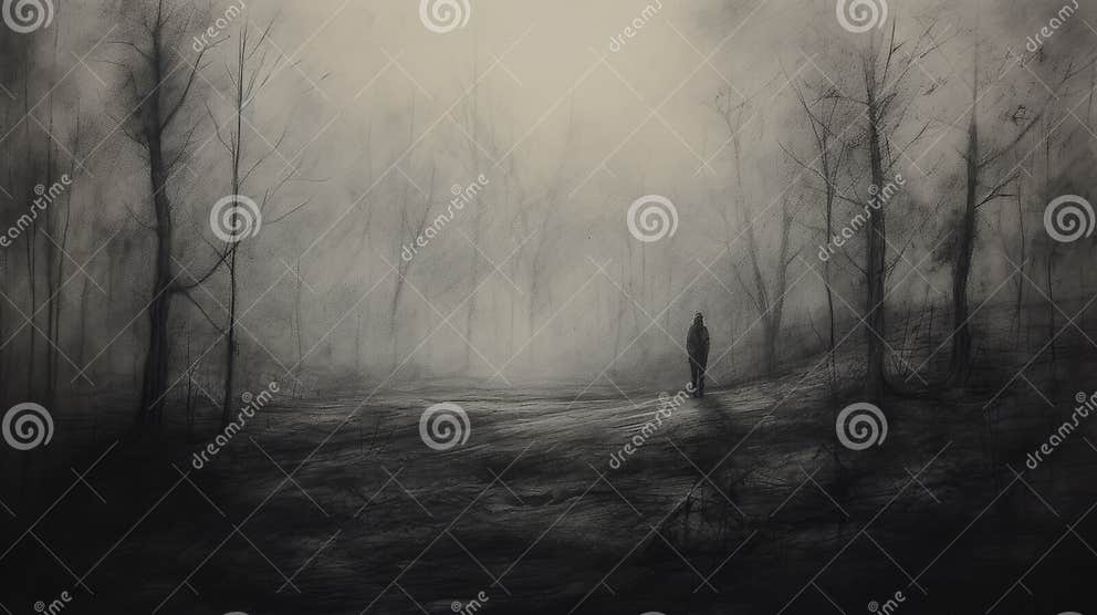 Haunting Wilderness Dark and Moody Pencil Drawing of a Wandering Figure ...