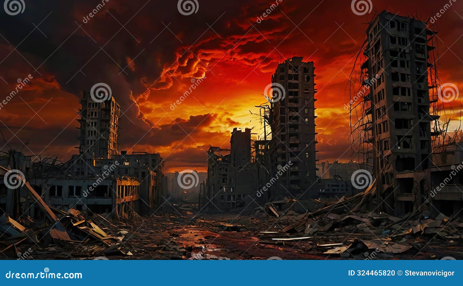 Hauntingly Beautiful Cityscape after a Devastating Nuclear War Stock