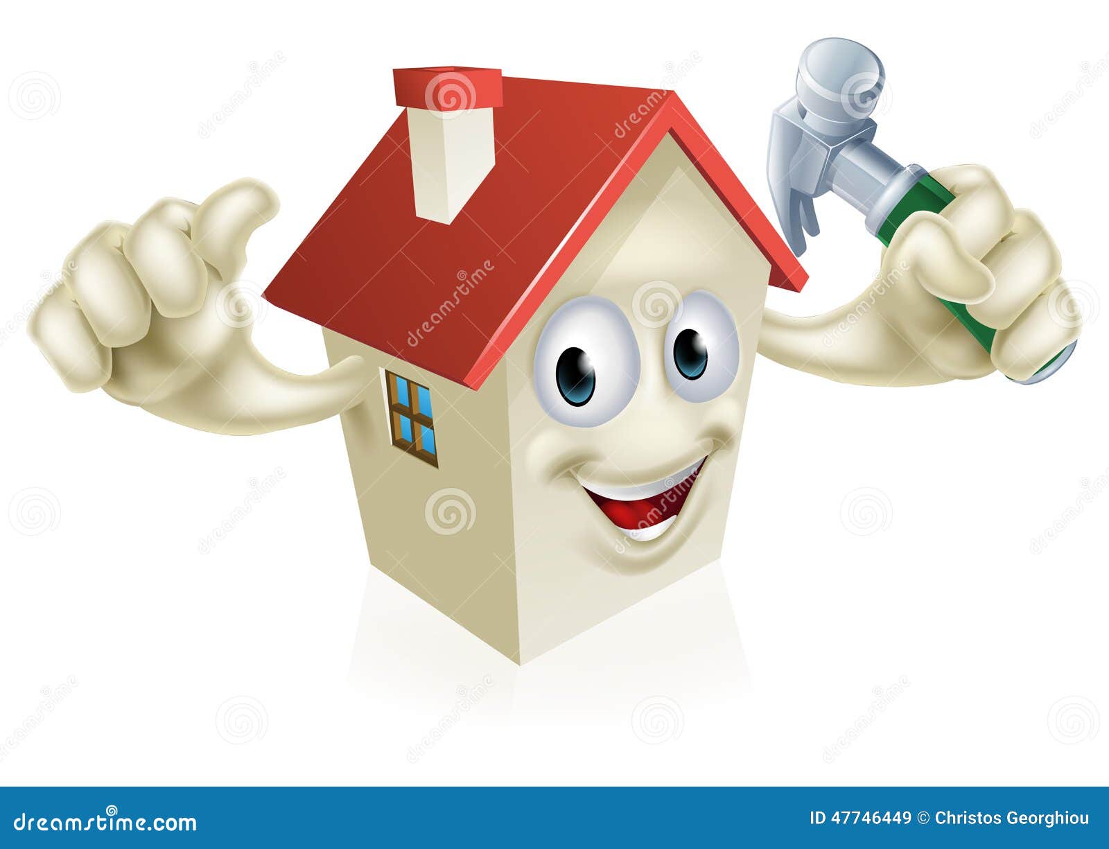 Haus, das Hammer hält. Eine Illustration eines Karikaturhauscharakters, der einen Hammer hält Konzept für Heimwerken, DIY oder Ähnliches