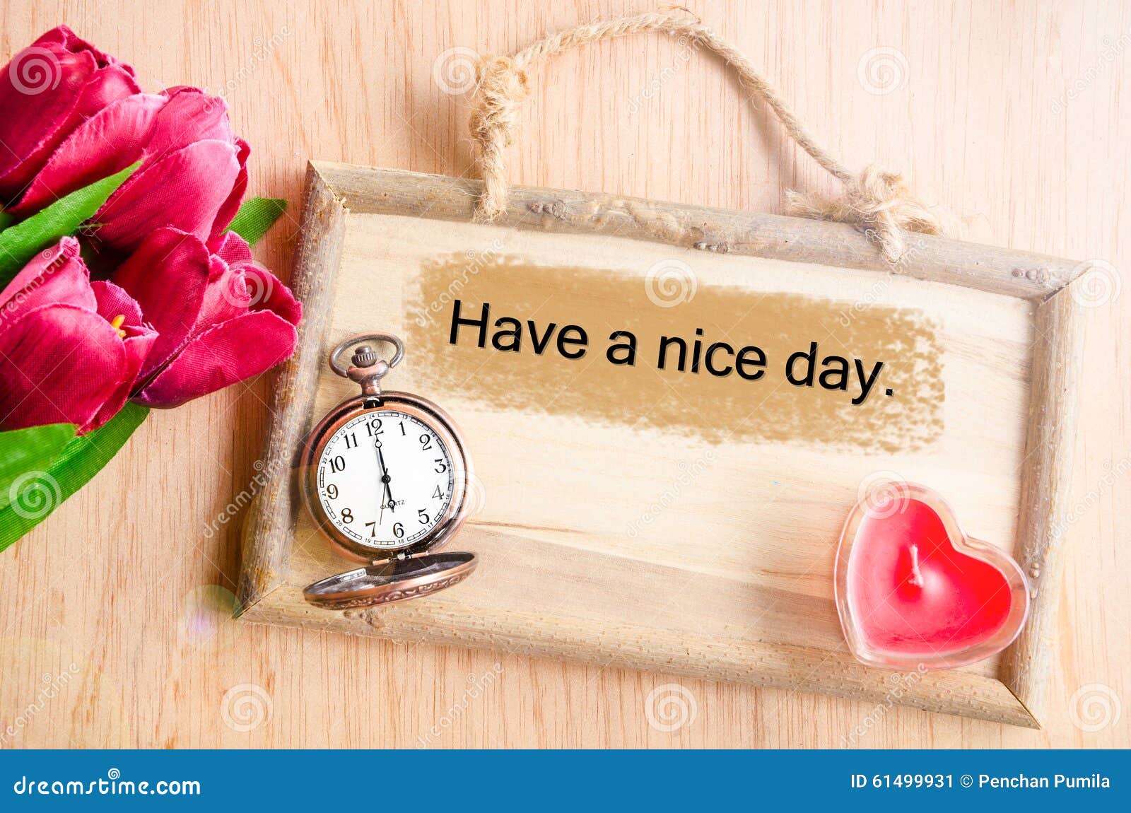 have nice day clock red tulip red candle heart shape wooden background 61499931