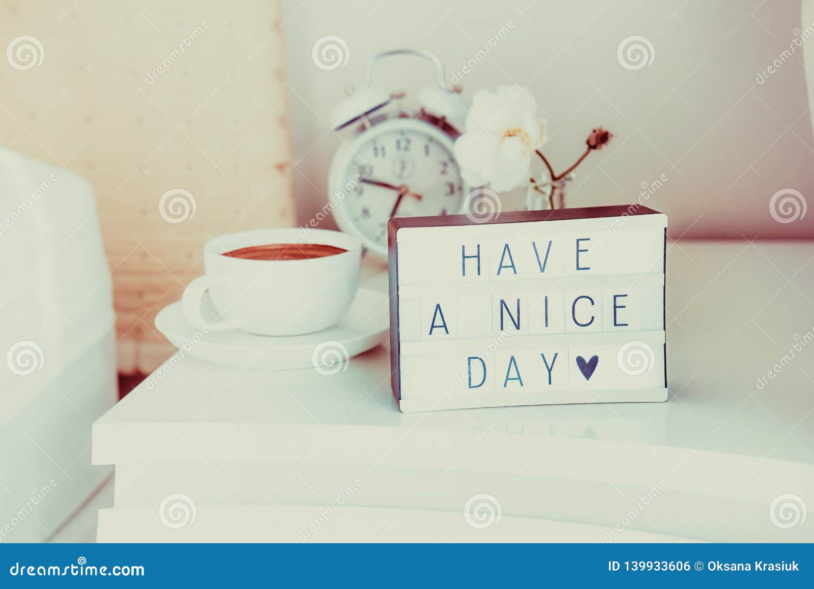 Have A Nice Day Message On Lighted Box Alarm Clock Cup Of Coffee