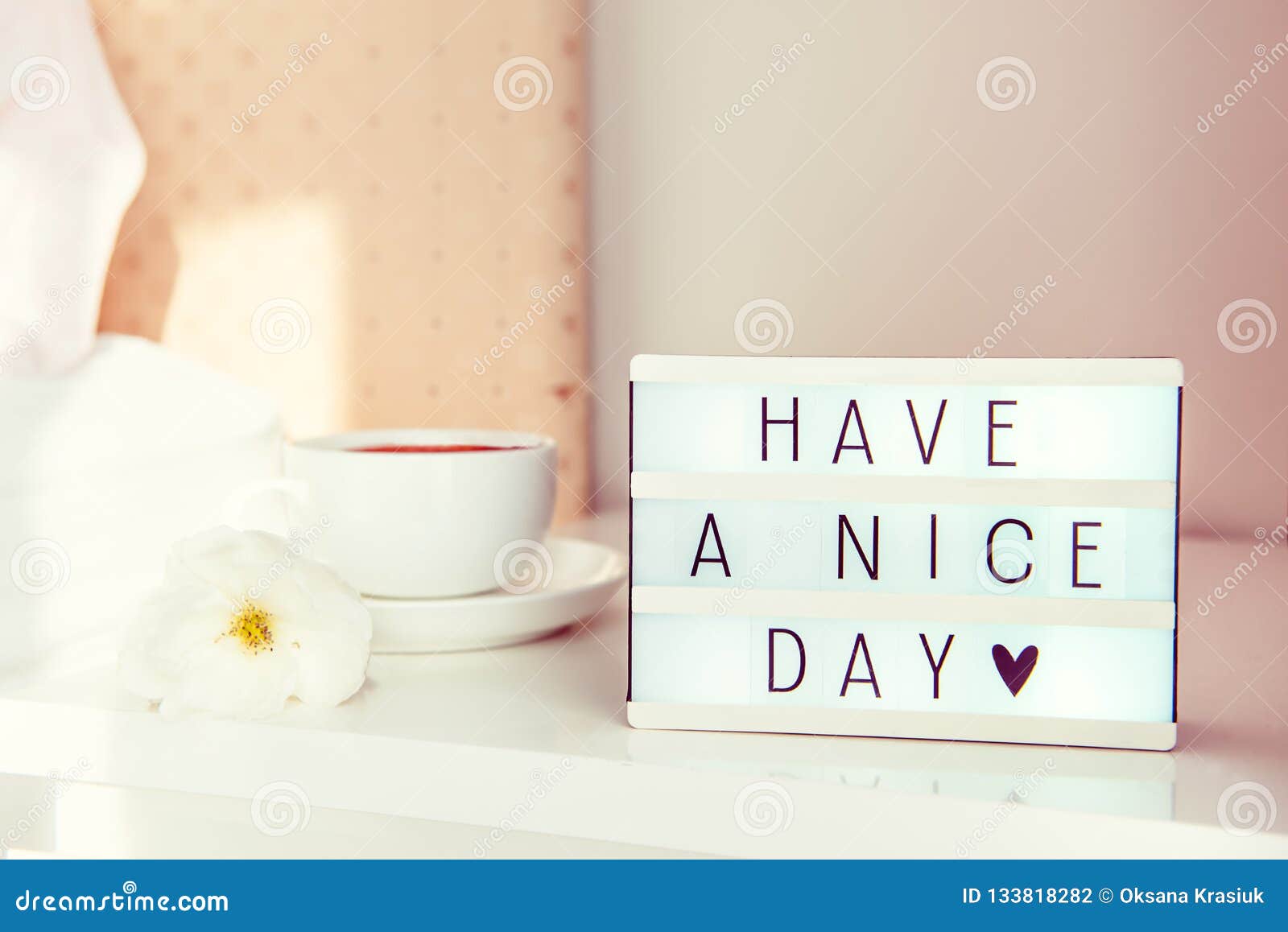 Have a Nice Day Text Message on Lighted Box, Cup of Coffee and ...