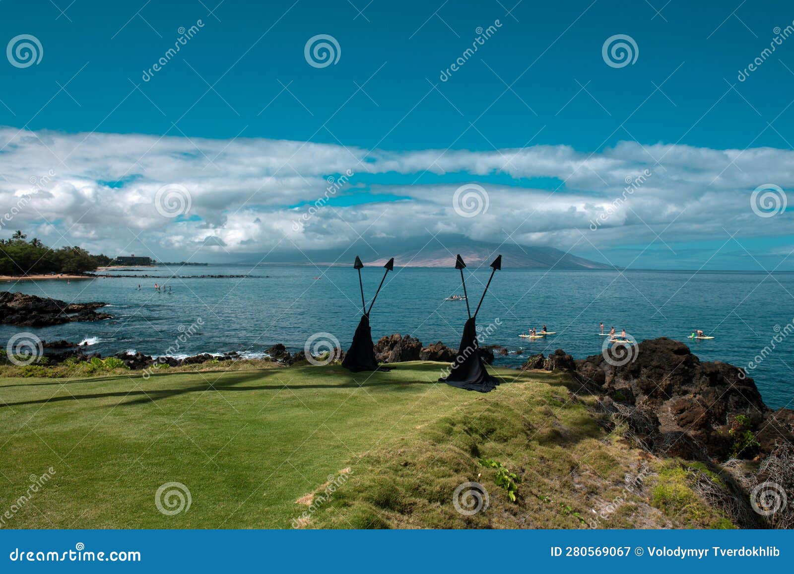 Hawaii Fire Torches. Beach on the Island of Maui, Aloha Hawaii. Stock