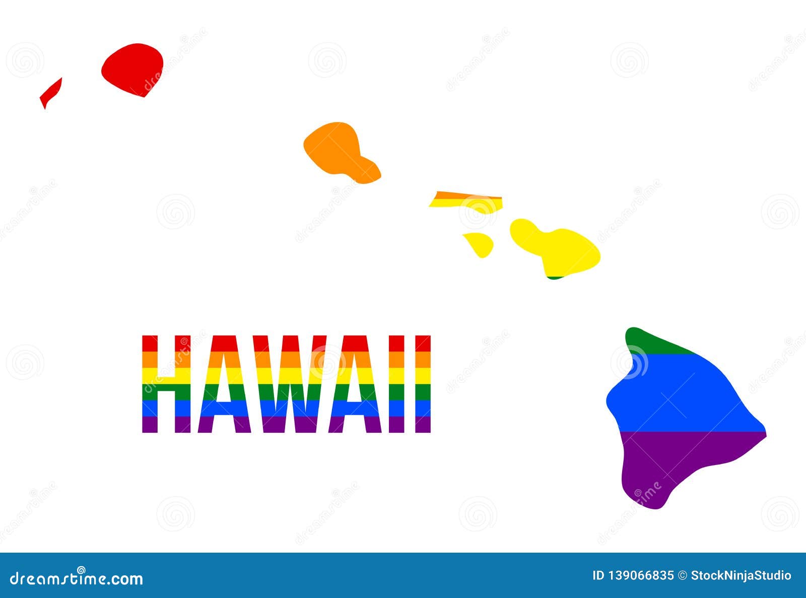Hawaii State Map in LGBT Rainbow Flag Comprised Six Stripes with Hawaii 