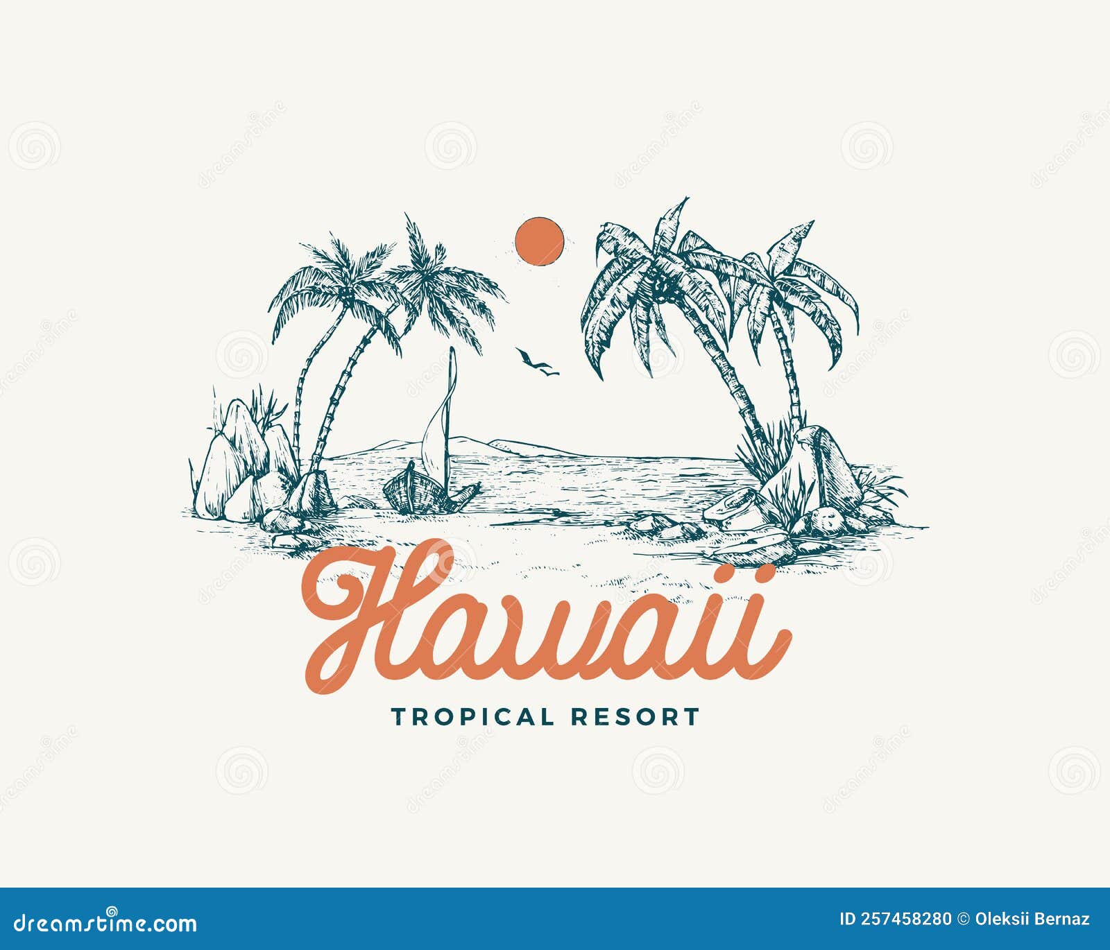 Hawaii Tropical Resort View Badge or Logo Template. Hand Drawn Beach ...