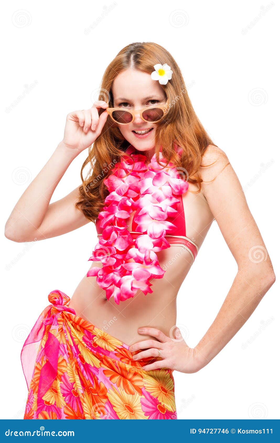 Hawaiian Model in Bikini on White Background in Studio Stock Photo