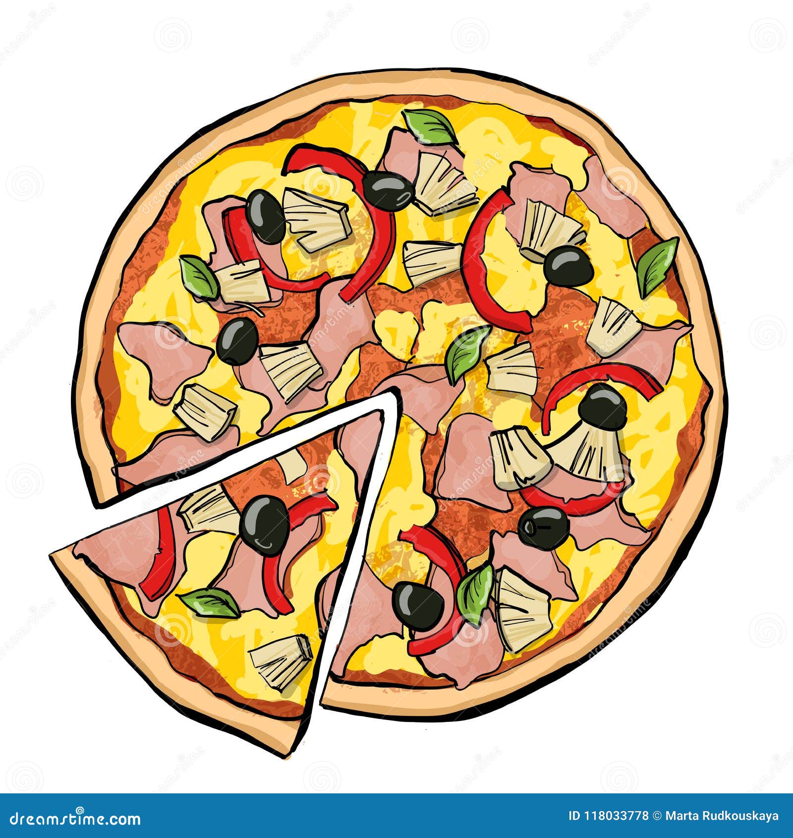 Hawaiian pizza with slice stock illustration. Illustration of