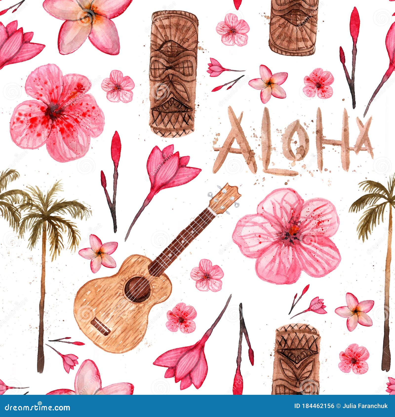 hawaiian simbols - luau, aloha, tiki, ukulele, plumeria, hibiscus, palm tree. seamless pattern