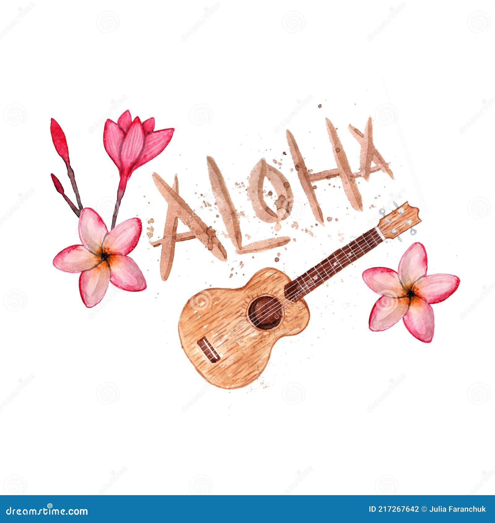 hawaiian simbols - luau, aloha, ukulele, plumeria. watercolor .  on white.