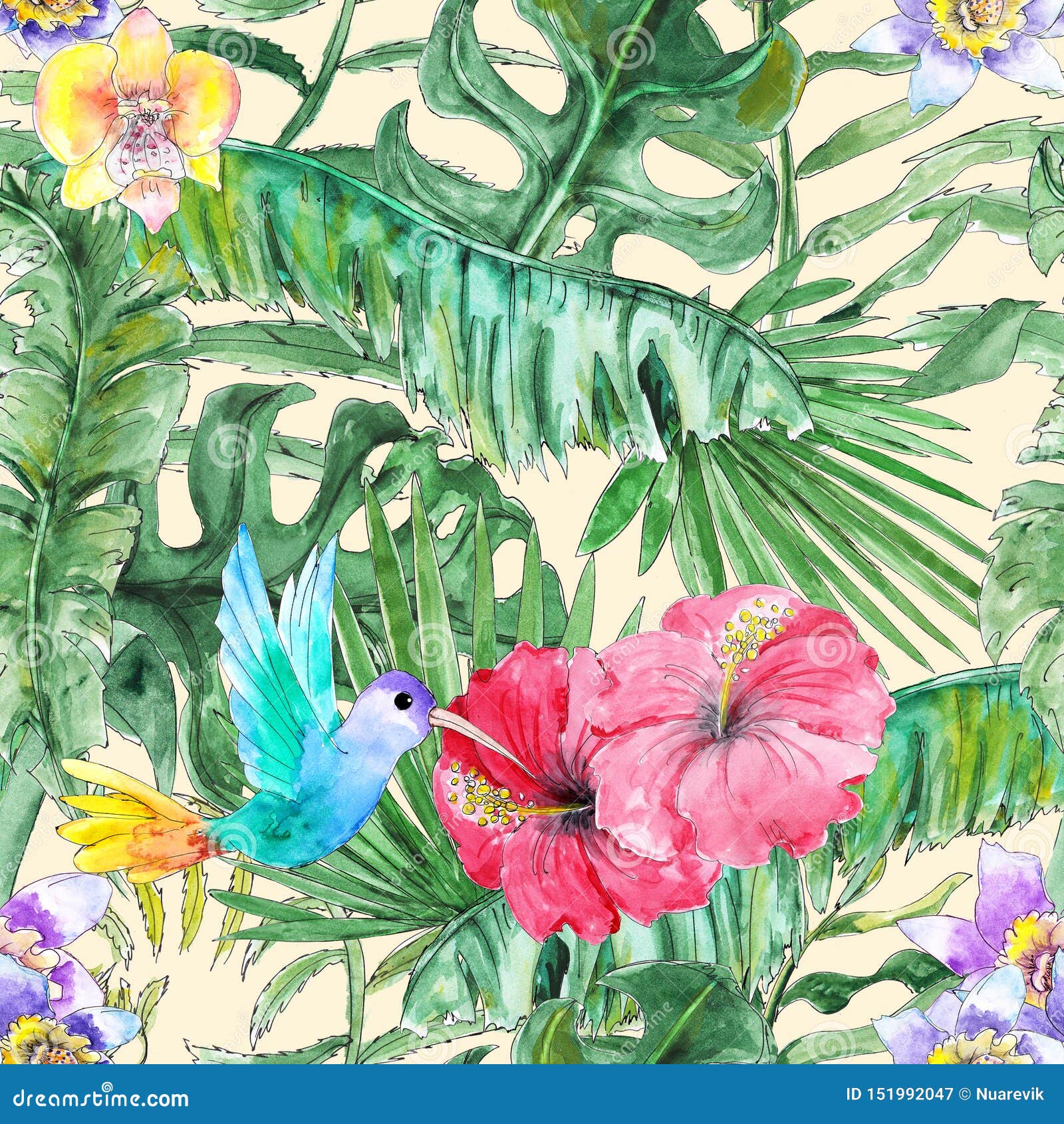 hawaiian tropical gungle colorful watercolor hand drawn seamless pattern with plants and birds