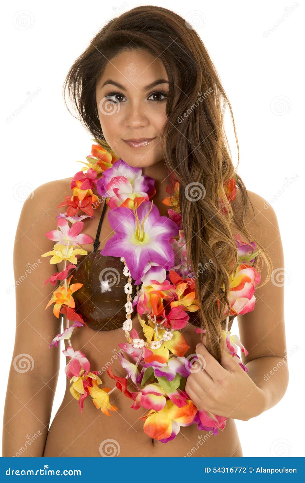 Hawaiian Woman Coconut Bra Close Slight Smile Stock Photo - Image