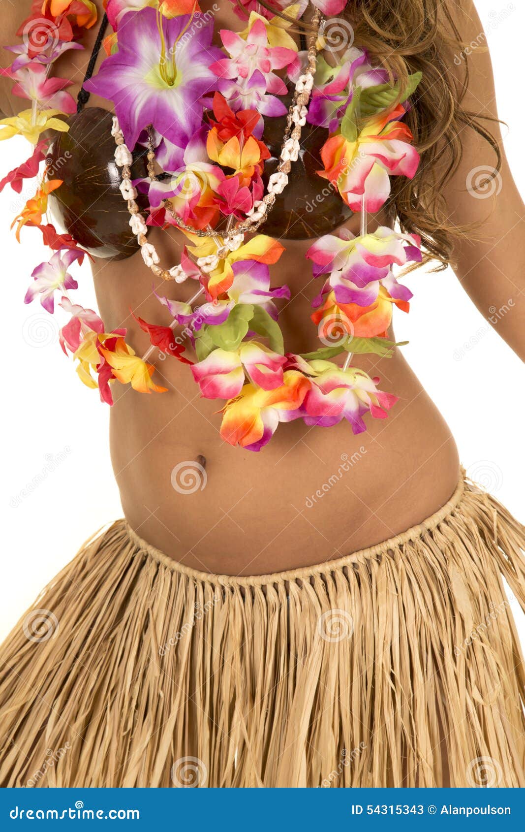 Hawaiian Woman in Coconut Bra and Grass Skirt Body Stock Image